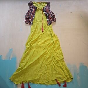 Ateesa‎ Womens S Maxi Dress Sleeveless Embroidery Boho Tassel Vest India Green